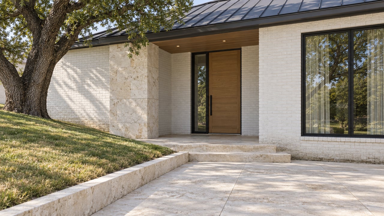 White-painted brick home with a recessed oak front door, limestone approach, dark metal roof, and a mature live oak beside the lawn.