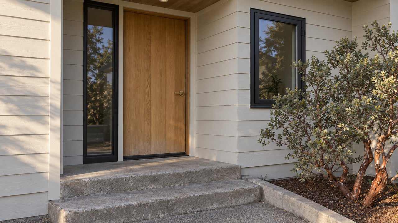 Bungalow entry with an oak door, black-framed glazing, concrete steps, and a manzanita shrub.
