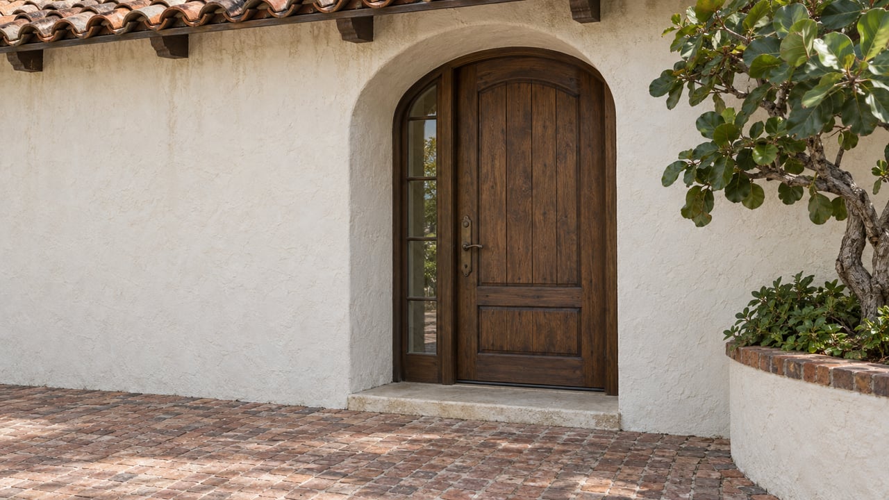 Historic stucco entry with an arched cypress door, brick forecourt, and leafy tree at the edge.