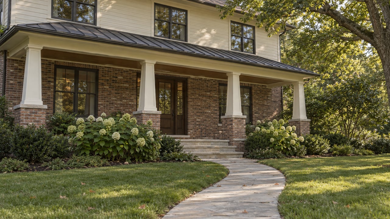 Brick-and-clapboard house with a columned porch, curving limestone path, and white oak canopy.