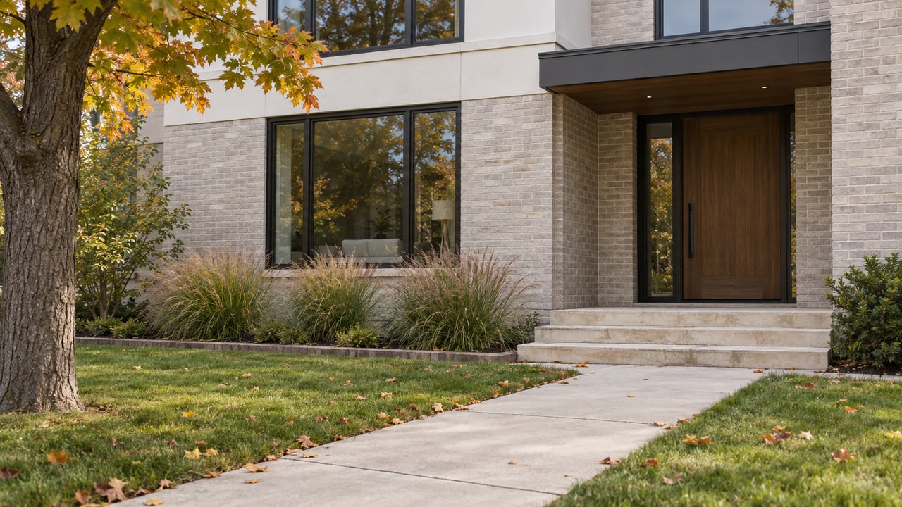 Two-story brick-and-clad house with recessed oak entry, limestone steps, autumn tree, and concrete approach.