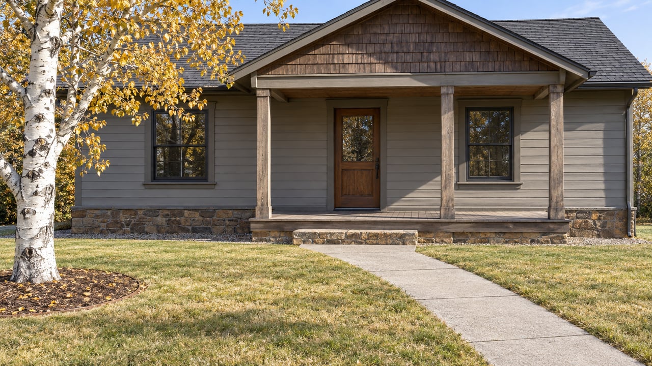 A gray wood-sided home with a shingled gable and low covered porch, viewed across an autumn lawn beside a white-barked aspen.