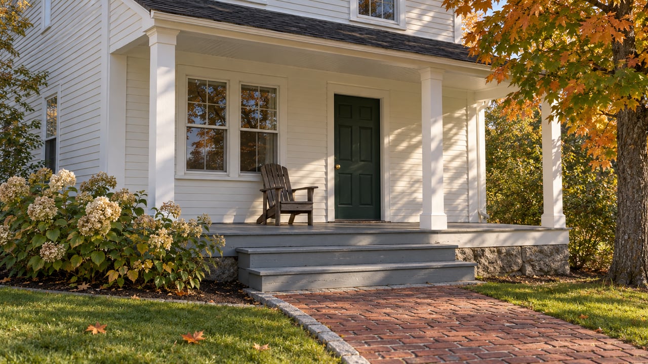 Warm-white clapboard house with a covered porch, green entry door, brick approach and autumn sugar maple.