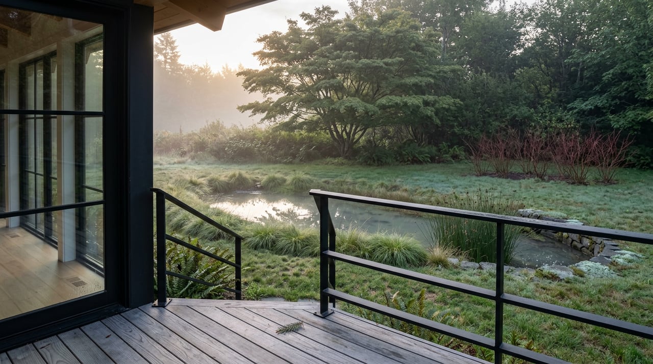 A weathered wood deck overlooks a misty meadow, reflective water swale, and spreading vine maple.