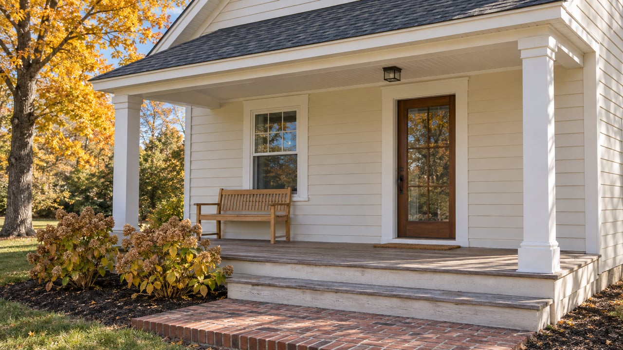 Cream-sided cottage porch with weathered cedar steps, a brick landing, and yellow-orange maple foliage in morning sunlight.