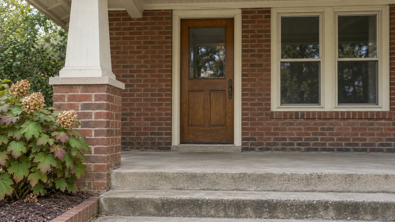 Covered brick porch with an oak entry door, ivory trim, paired windows and an oakleaf hydrangea beside worn concrete steps.