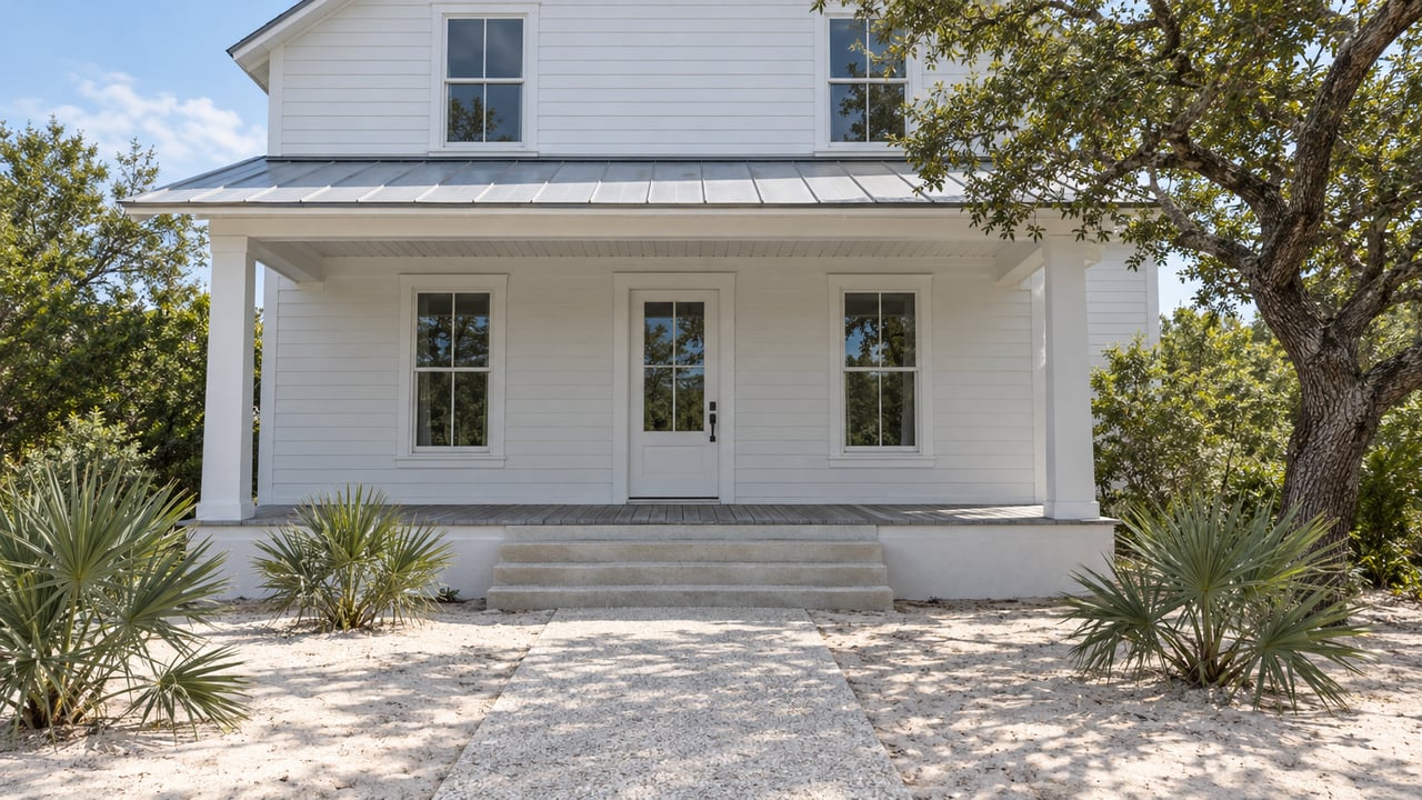 White clapboard home with a shaded porch, broad entry steps and a shell-aggregate path through a sandy court with specimen palms and a spreading oak.