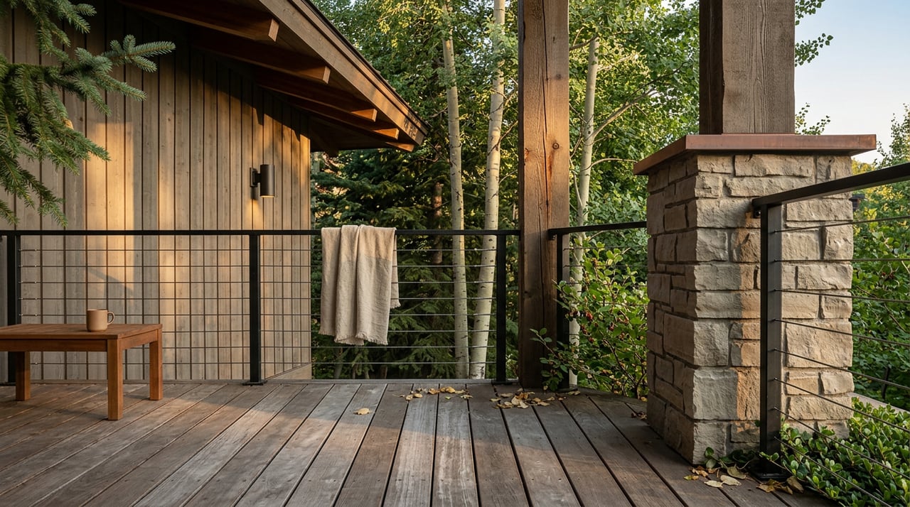 Alpine deck corner with timber post, stone column, cable railing, linen throw, and clay mug beneath aspen trees.
