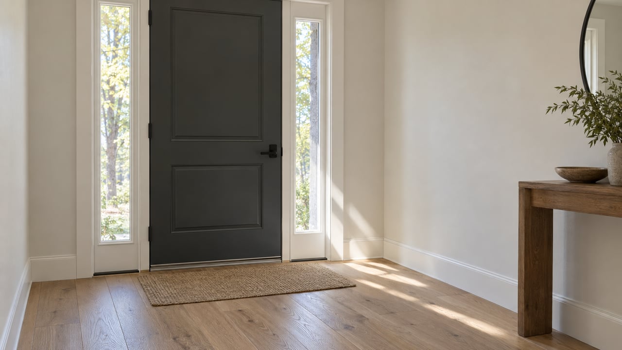 Charcoal entry door with narrow glazed sidelights, an oak floor, and a woven mat.