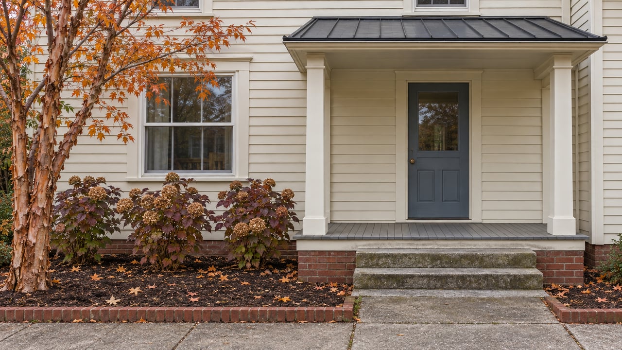 Ivory clapboard house with a slate-blue front door, weathered stone porch steps and a compact autumn garden.