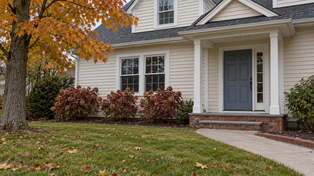 An ivory-sided gabled home with a slate-blue front door, bluestone steps, autumn hydrangeas and a maple beside its front lawn.