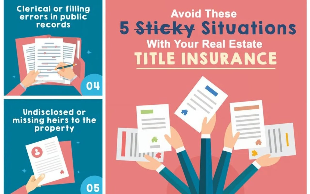 Infographic listing sticky situations avoided with real estate title insurance, including public-record errors and missing heirs.