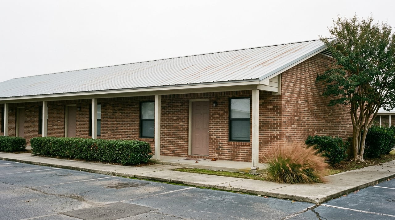 Single-story brick rental building with four entry doors, a continuous covered porch, and a standing-seam metal roof.