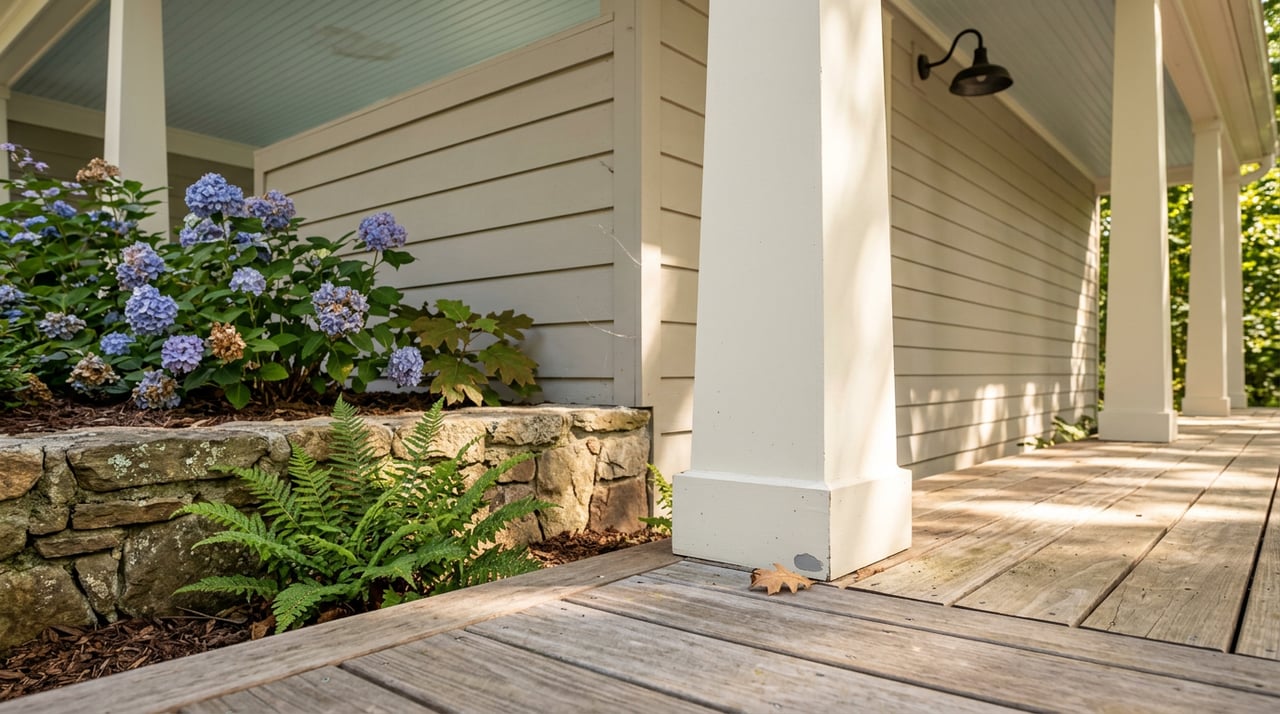 Covered porch corner with a white column on a fieldstone pier, cedar decking, and blue-violet hydrangeas.