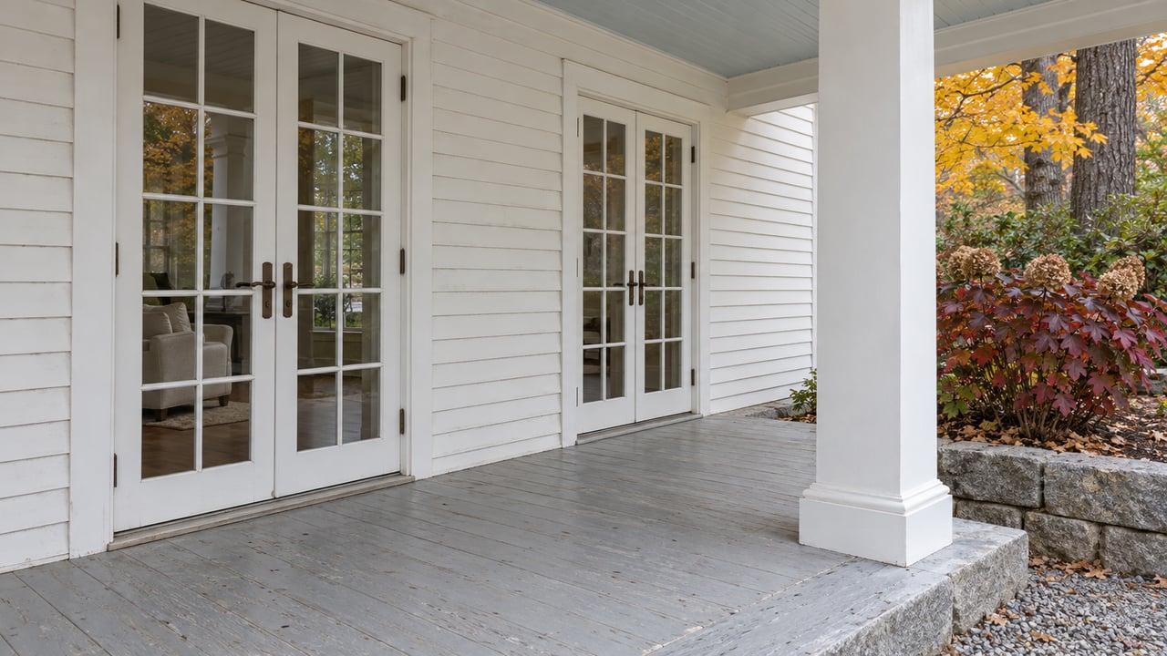 White clapboard porch with paired glazed doors, weathered painted floorboards, granite steps and autumn oakleaf hydrangea.