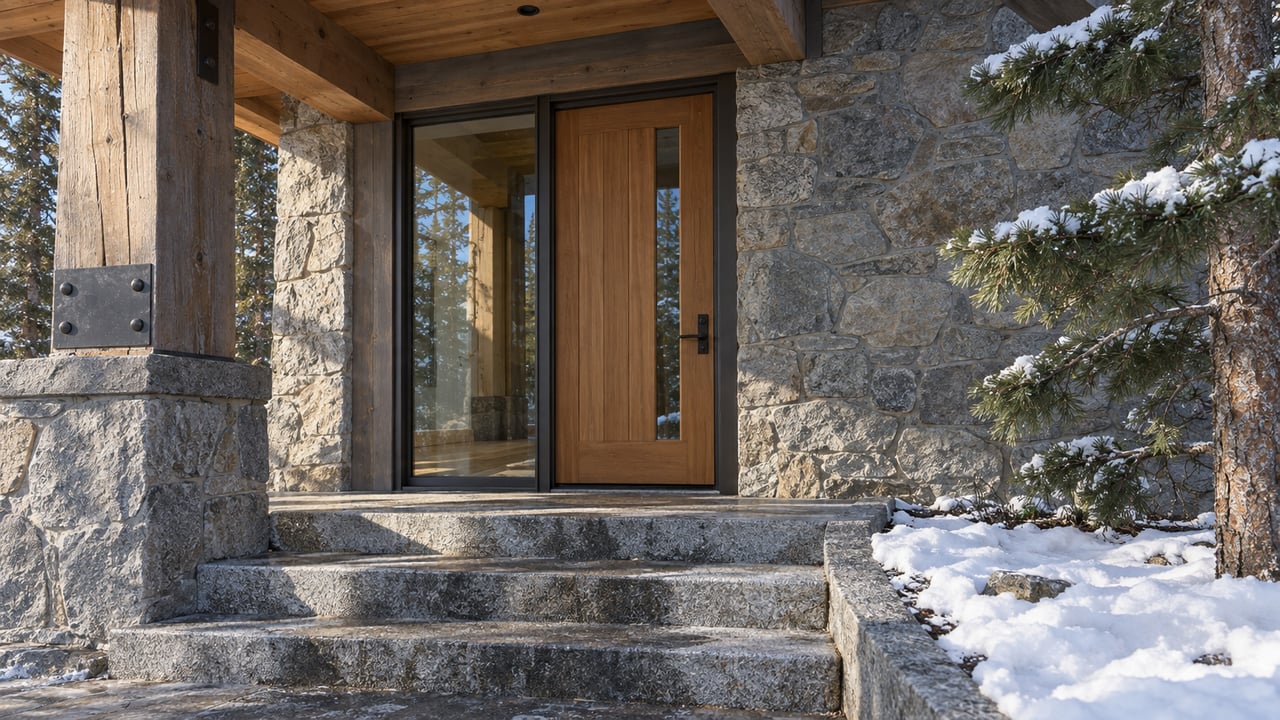 Snow-edged granite steps lead to a closed cedar-and-glass entrance beneath weathered timber beams beside a quartzite wall.