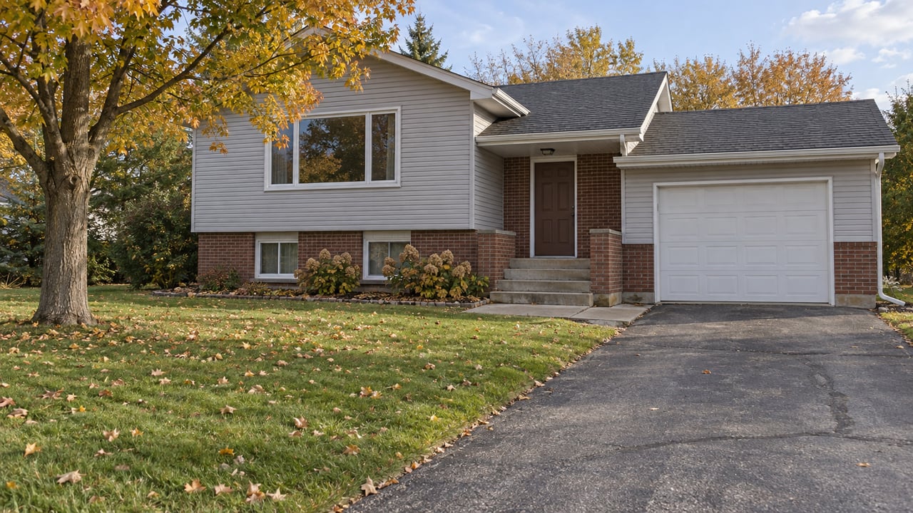 Gray split-level home with brick lower walls, an attached garage, and a deep autumn lawn beneath a sugar maple.