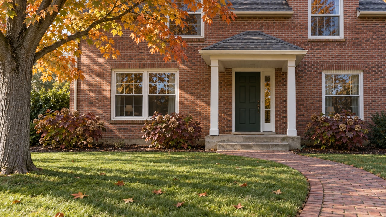Autumn light on a red-brick home with a covered entry, curved brick walk, deep lawn, and amber maple canopy.