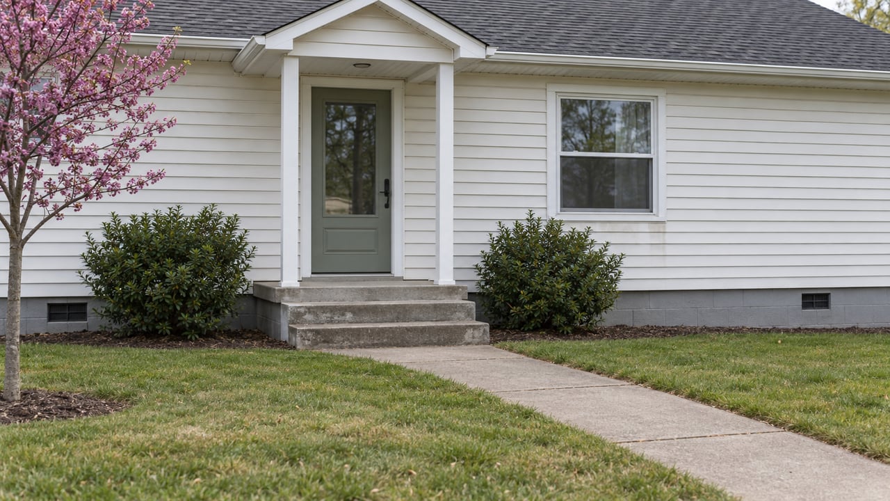 Modest white-sided home with a sage entry door, concrete steps, foundation vents, and a walkway crossing the lawn.