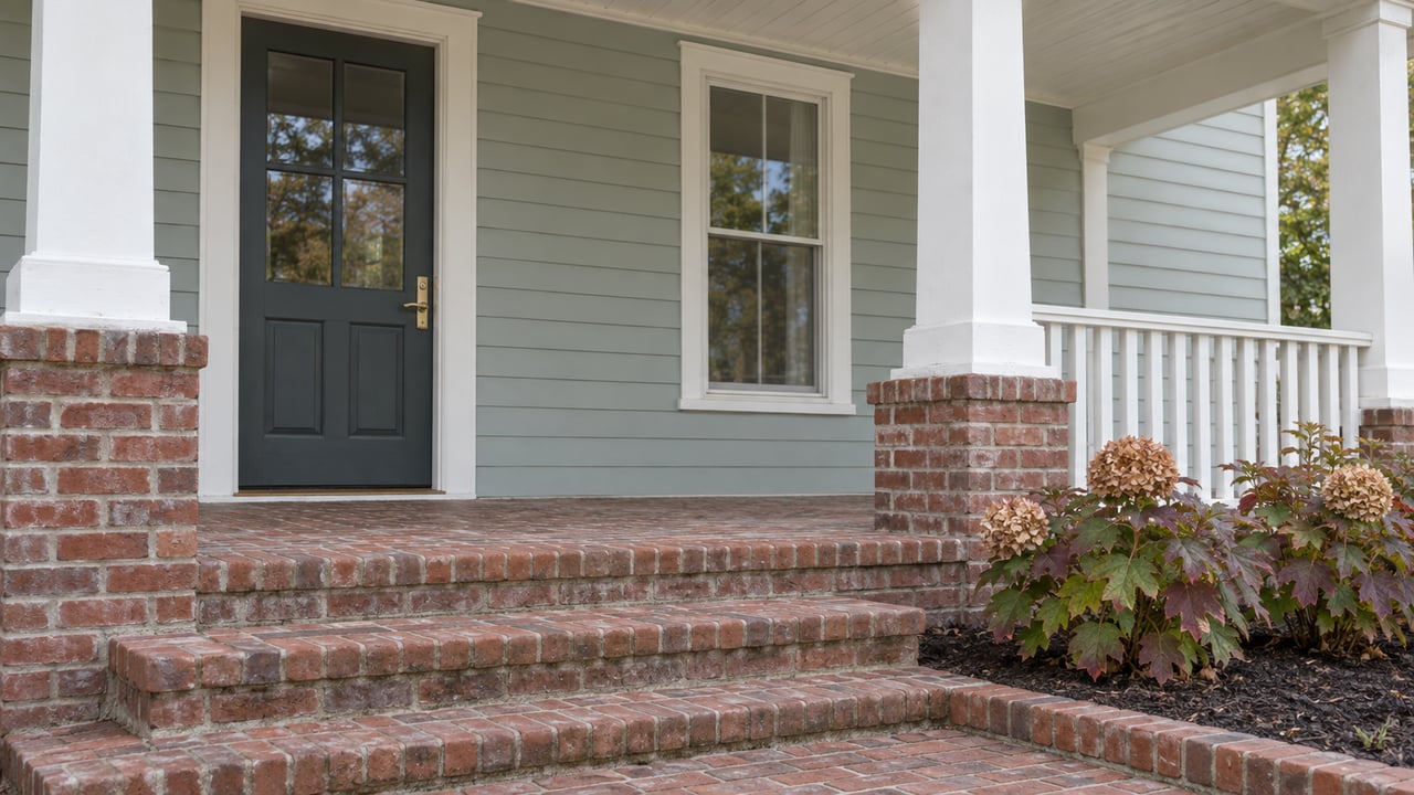 House entrance with a dark door, white porch columns, broad brick steps, and autumn hydrangeas.