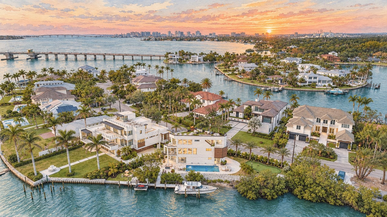 Waterfront homes and palm-lined canals with boats and a distant skyline at sunset