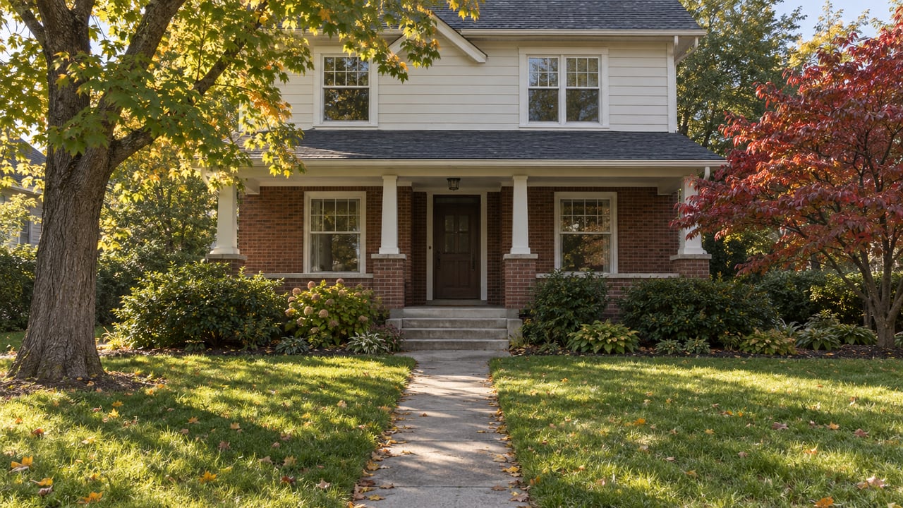 Two-story brick and ivory clapboard house with a covered porch, concrete walk, and mature trees.