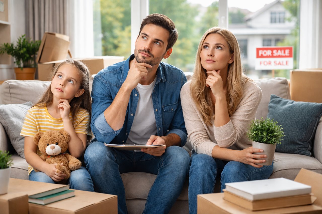 Family sitting in a living room with moving boxes, thinking about buying or selling a home during the Calgary spring real estate market