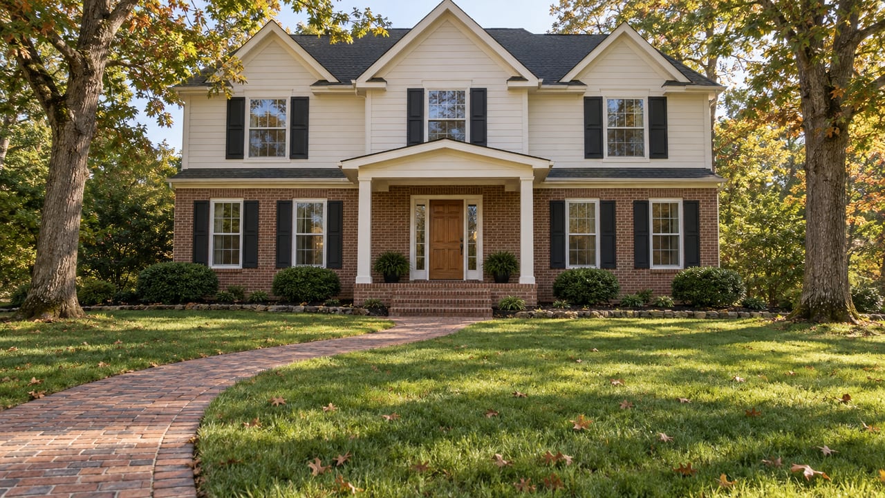 Morning light on a brick-and-ivory detached home with a covered porch, generous lawn and mature white oaks.