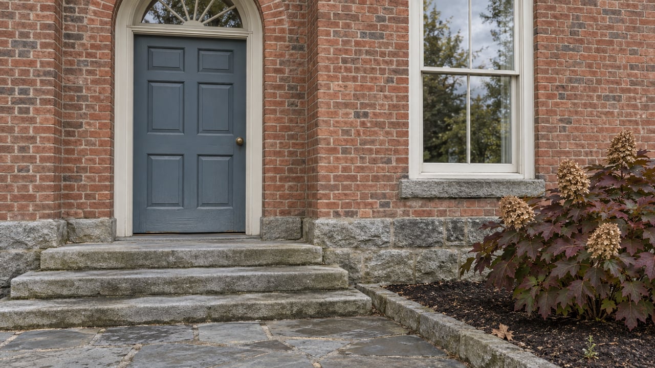 Red brick home entrance with a blue-gray door, arched fanlight, weathered stone steps, and burgundy oakleaf hydrangea.
