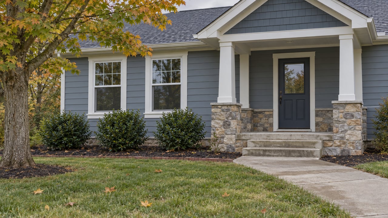 Gray home with a stone-front porch, dark door, and autumn trees.