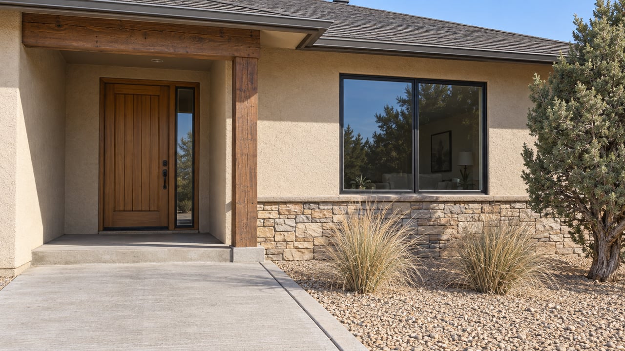 Sand-colored stucco home with a timber-covered entry, black-framed window and a concrete walk beside juniper and deer grass.