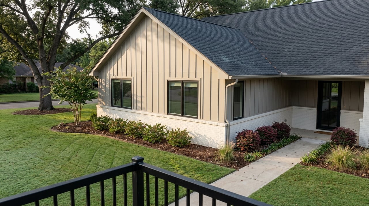 Contemporary home with a white brick base, greige gable, black-framed windows, and oak-shaded lawn viewed over a balcony rail.