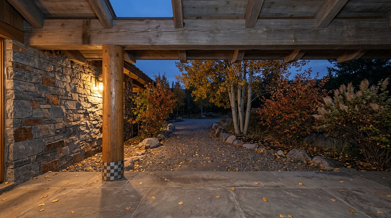 Stone-and-timber entry with a warm-lit post, flagstone threshold, and gravel path leading to golden aspens.