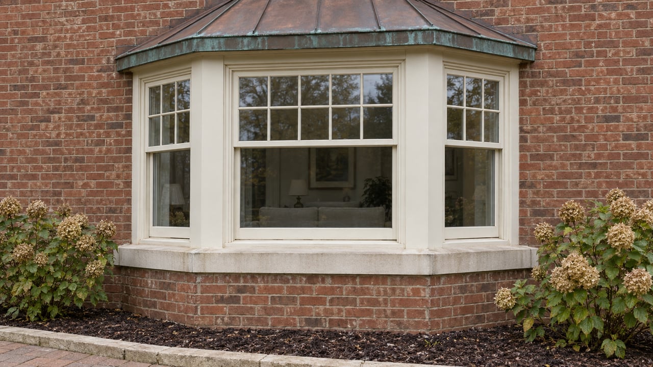 Three-sided bay window with ivory frames, an aged copper roof and limestone sill above two flowering hydrangea shrubs.