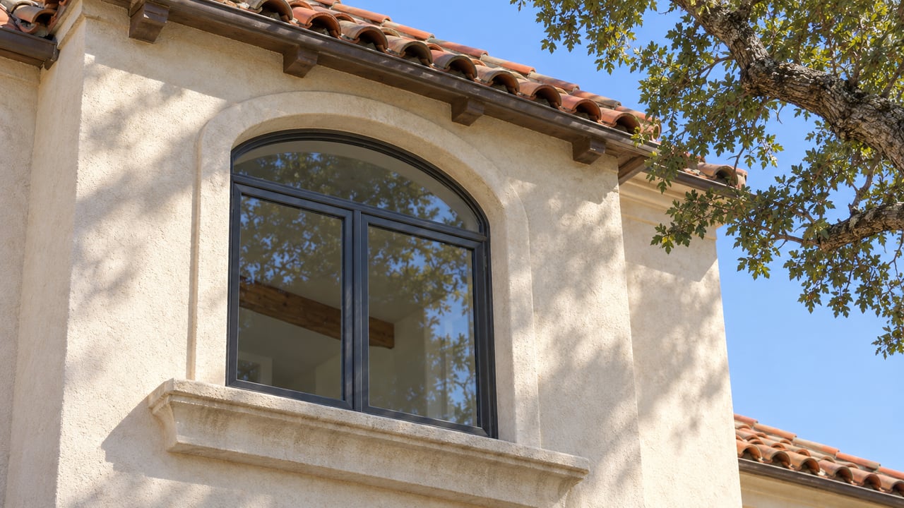 Sunlit ivory stucco and an arched charcoal-framed window beneath weathered red clay roof tiles, with a coast live oak branch at the edge.