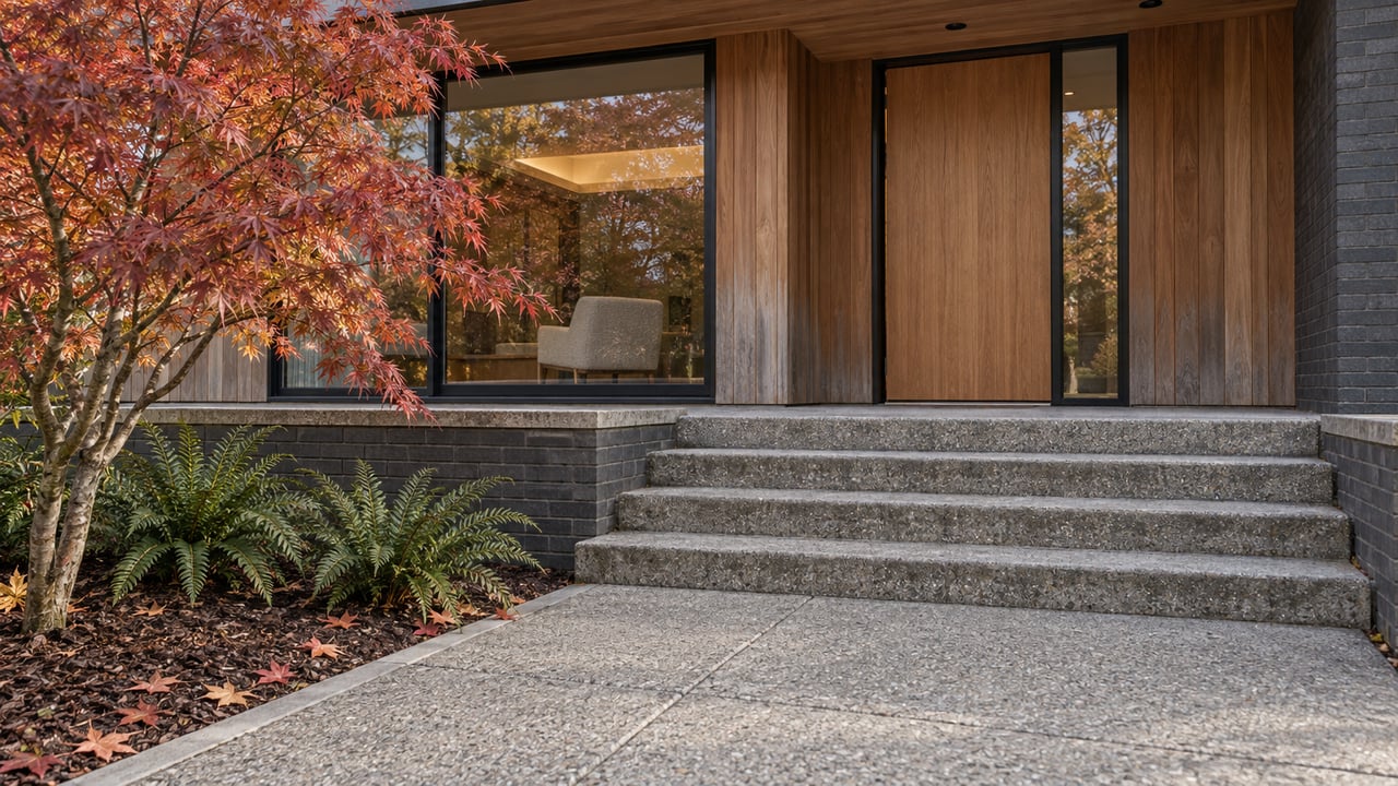 Autumn maple beside broad concrete steps leading to a cedar and charcoal-brick home with a covered glazed entry.