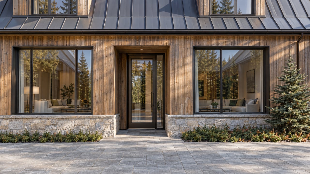Cedar-clad condominium with a steep metal gable, recessed glass entrance, stone plinth, and small spruce.