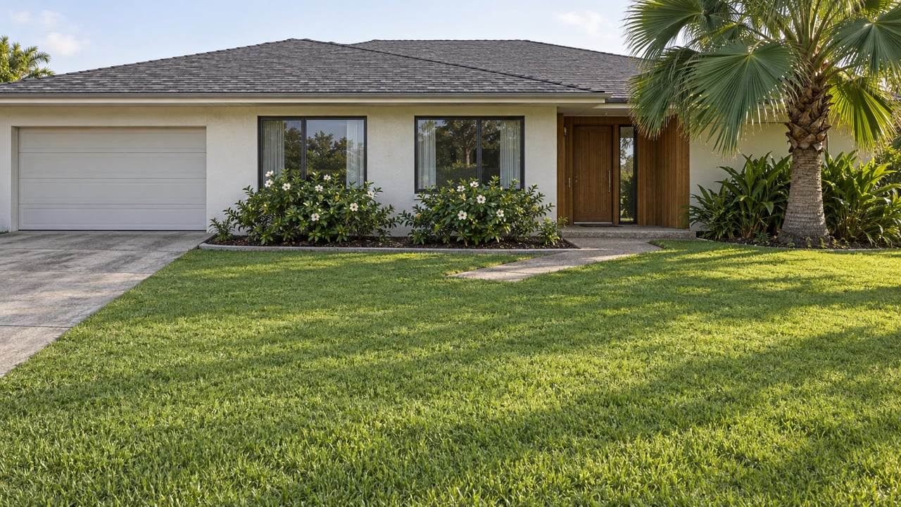 Detached single-story home with a deep front lawn, off-white stucco, dark windows and a sheltered wood entry beside a fan palm.
