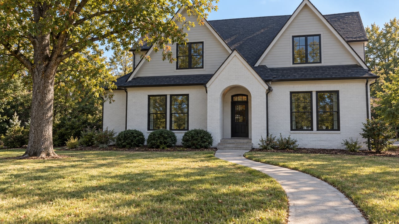 White brick and light-sided gabled home beyond a deep lawn, with a curved concrete walk and a mature oak.