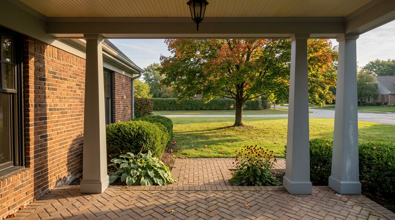 Brick porch and gray columns overlook a broad lawn, where an amber-tipped maple casts a long shadow.