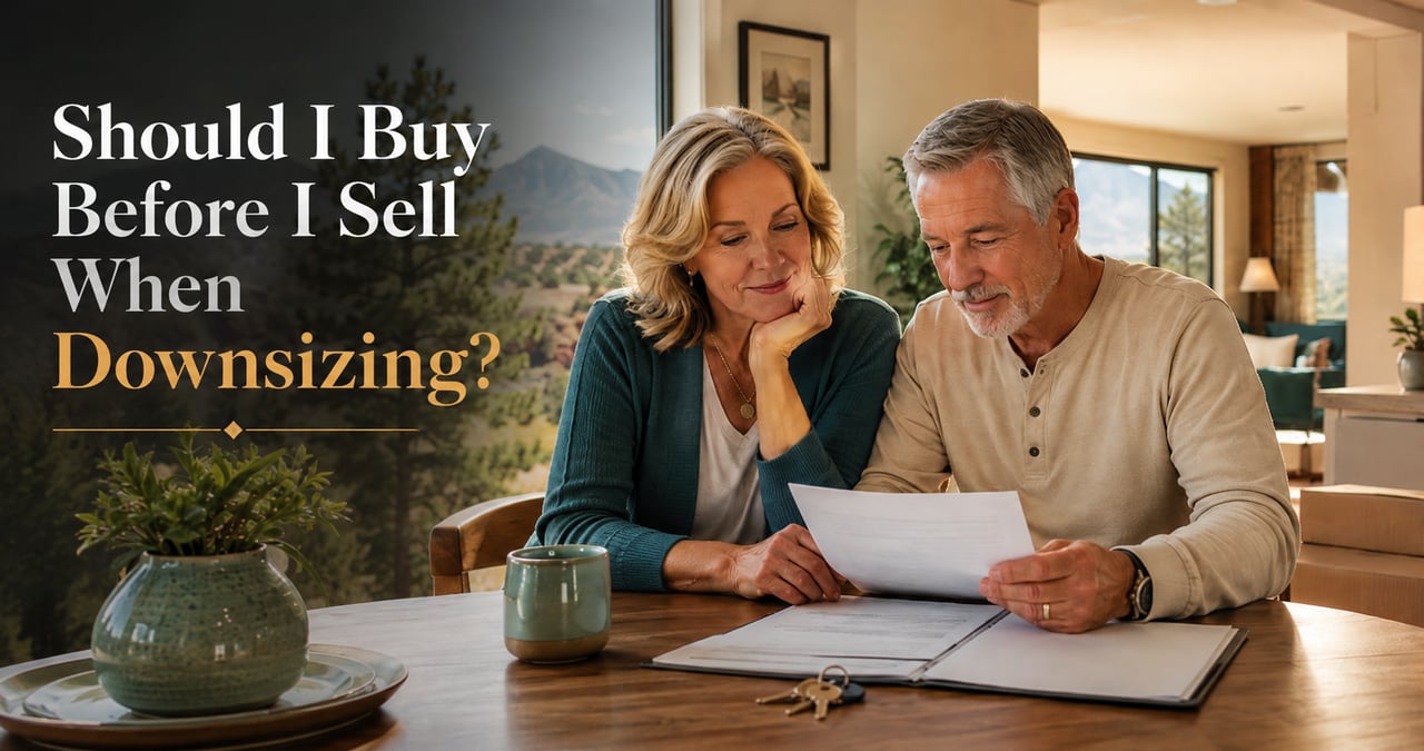 Couple reviewing downsizing plans in a Prescott Valley home with moving boxes and mountain views