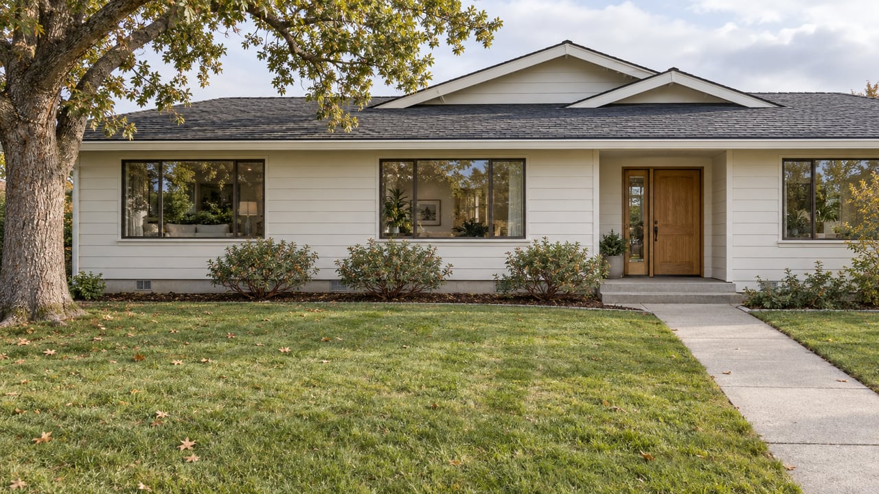 An established single-story home with pale wood siding, a deep front lawn, a mature oak and a concrete entry walk under soft daylight.