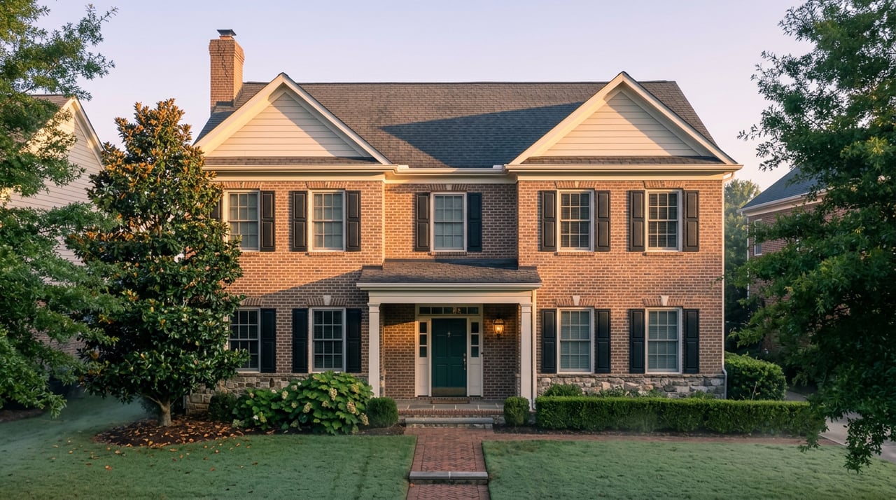 Two-story brick house with a columned porch, green front door, herringbone walkway, magnolia tree, and dewy lawn.