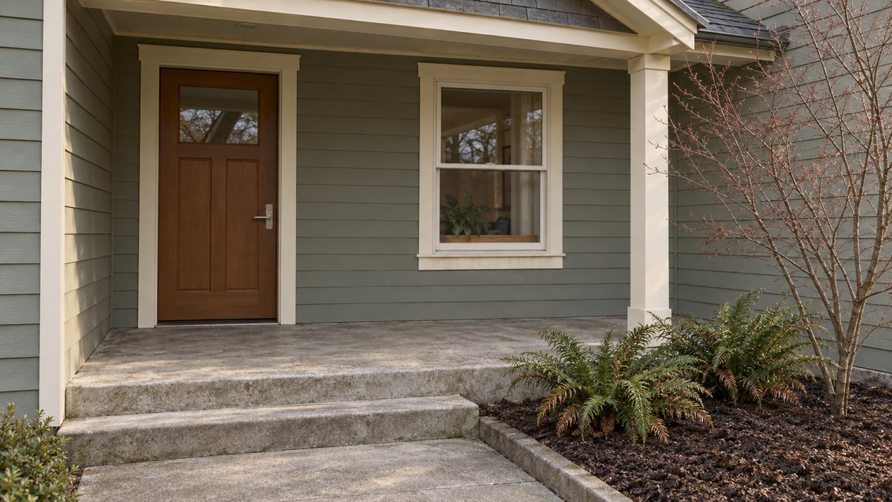 Covered home entry with gray-green lap siding, cream trim, concrete steps and a bare vine maple beside two sword ferns.