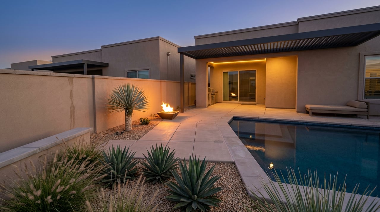 High-angle view of a rear patio, where a lit fire bowl glows beside a dark pool and desert plants.
