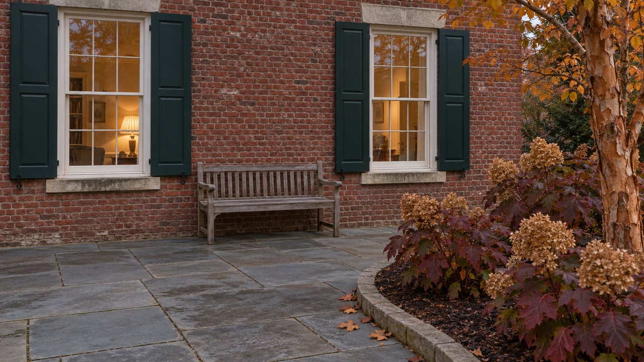 Historic red brick home with closed sash windows, a weathered teak bench, sandstone terrace, and burgundy oakleaf hydrangeas in autumn evening light.