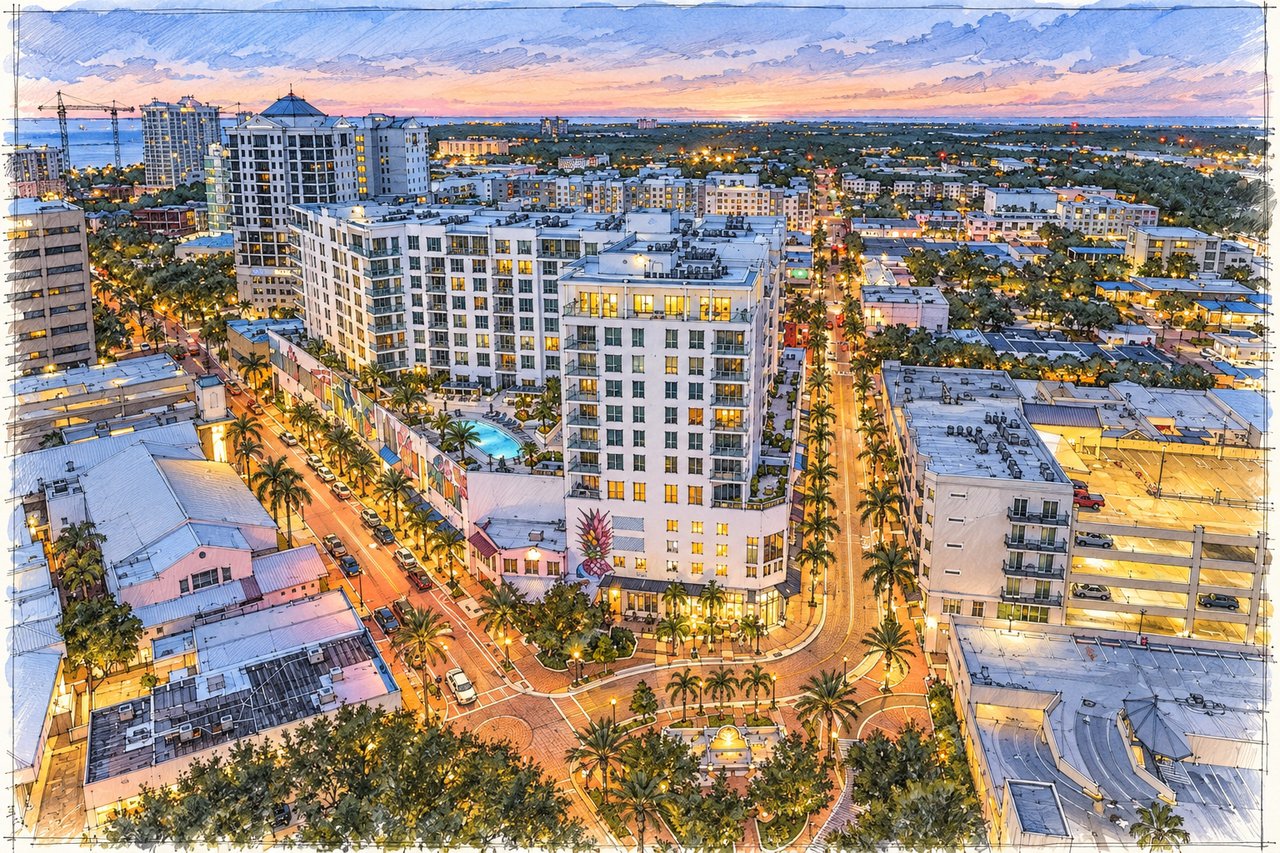 Aerial illustration of downtown Sarasota buildings and palm-lined streets at dusk, with water on the horizon.
