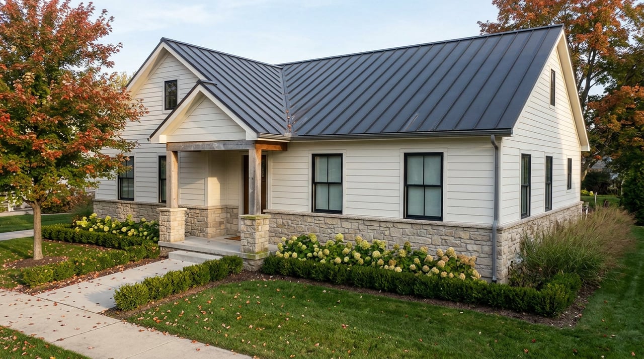 Stone-and-white-sided home with a covered entry, standing-seam roof, and red-orange maple beside the walkway.