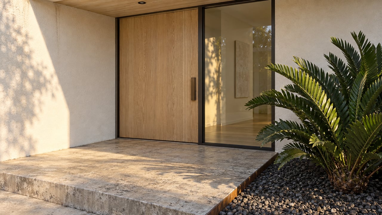 Recessed oak pivot door beside a bronze-framed sidelight, with a glossy Zamia in a gravel bed.