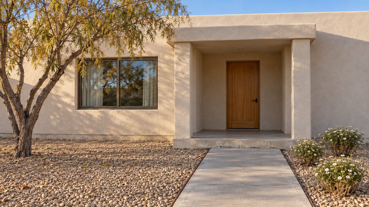 A cream stucco home with a shaded timber front door, concrete approach and gravel garden beneath an autumn desert willow.